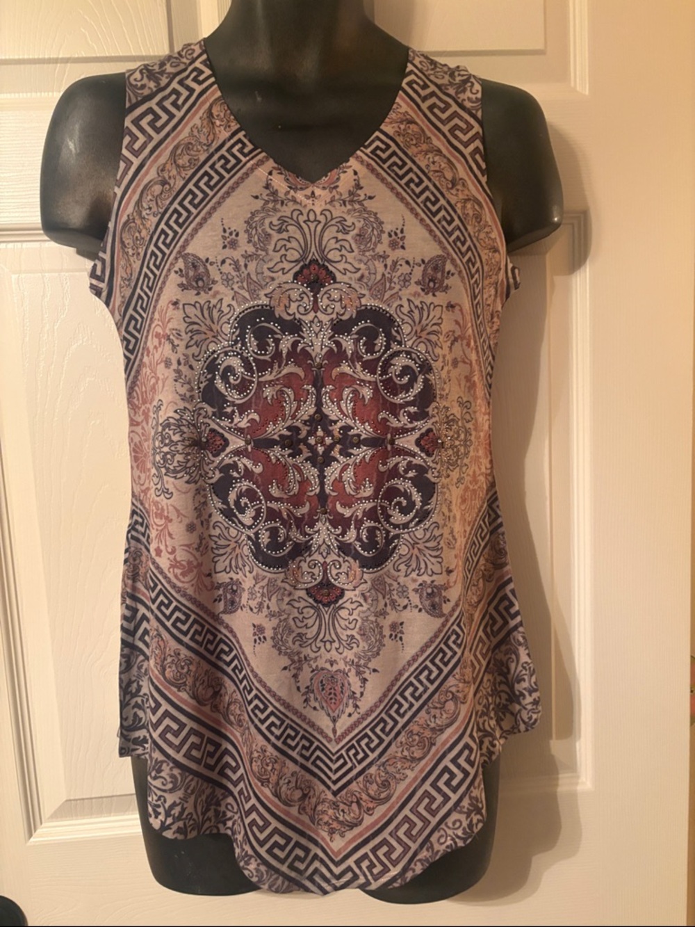 new directions Beige Tank Top with Navy & Burgundy Medallion Print